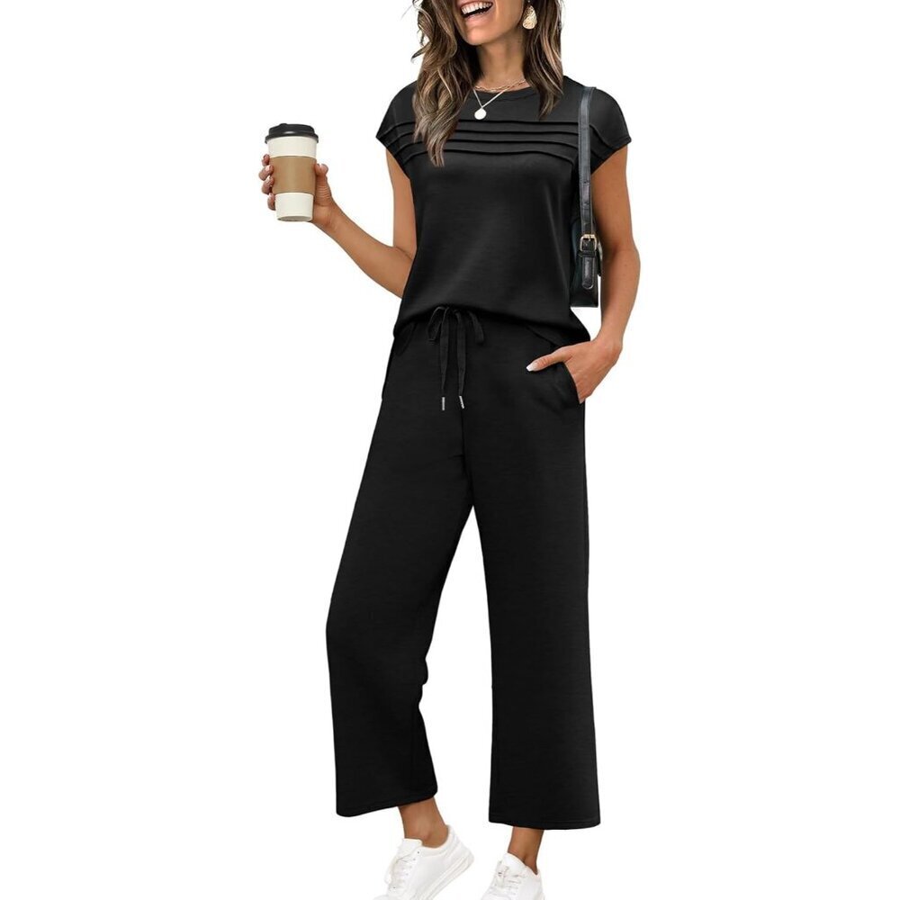 Women Two Piece Sets Summer Travel Outfits Casual Crop Top Wide Leg Pants